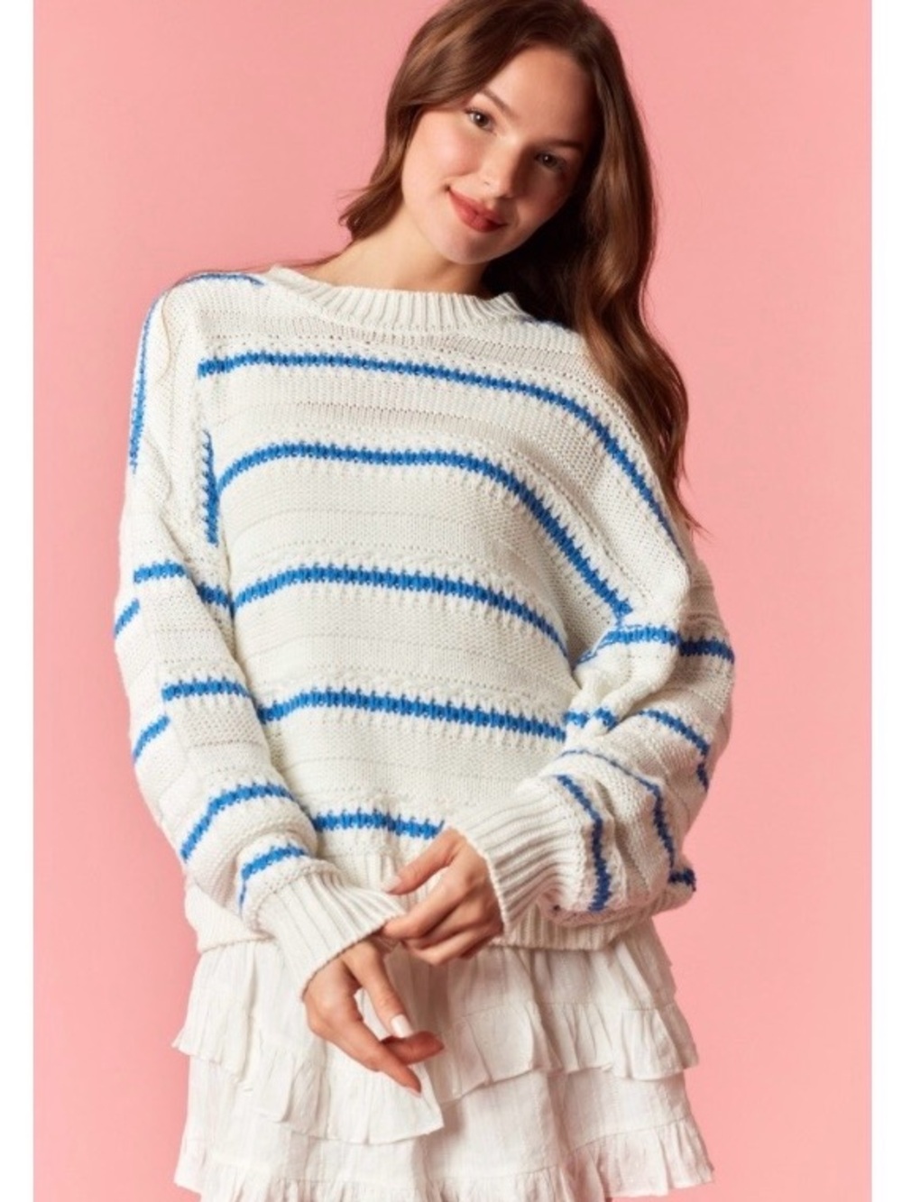 Peach Love California White Sweater with Blue Stripes